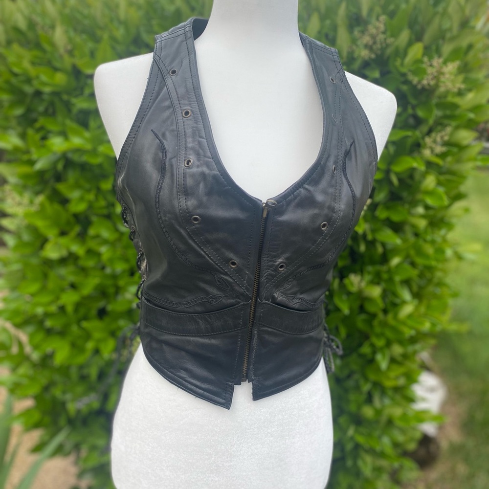 Black Fitted Motorcycle Vest with V-Neck